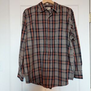 Men's Haggar Brown Rust Plaid Long Sleeves Shirt Button Down Collared Pocket